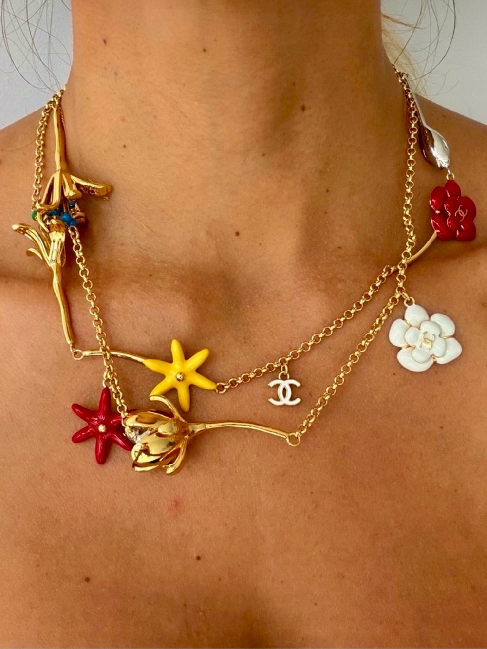 Gorgeous CHANEL Gold-Tone Necklace with Red, Yellow & White Enamel Charms EUC